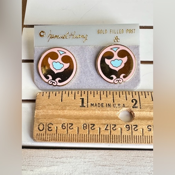 NWT Cloisonné Pierced Earrings Tibetan Symbol by Samuel Huang designer - Picture 2 of 3